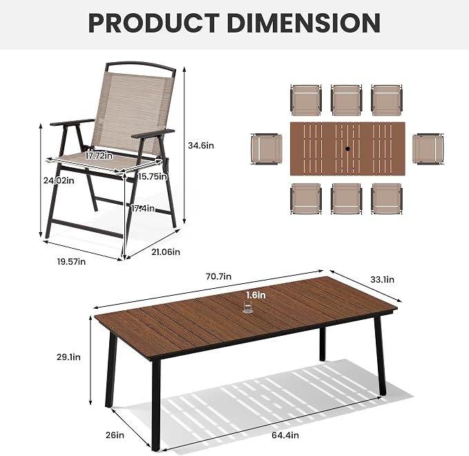 Crestlive Products 9 Piece Patio Dining Set, 70" Walnut Metal Outdoor Table and 8 Folding Chairs, with Umbrella Hole for Porch Poolside Yard Garden, Beige