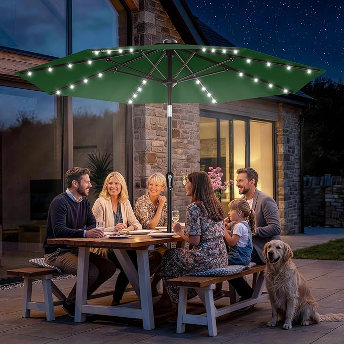 AreShark 9FT Patio Umbrella with Solar Lights, 32 Lighted Pool Umbrella w/Tilt and Crank, Outdoor Market Solar Umbrellas for Garden, Deck, Backyard, Pool and Beach, Dark Green