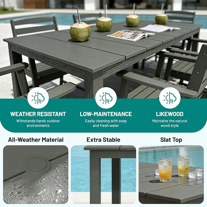 PLUUV 9-Piece Outdoor Patio Dining Set – HDPE Dining Table with Aluminum Legs and Umbrella Hole, 8 Chairs & 1 Table, All-Weather Patio Furniture Set for Garden Deck Backyard, Grey