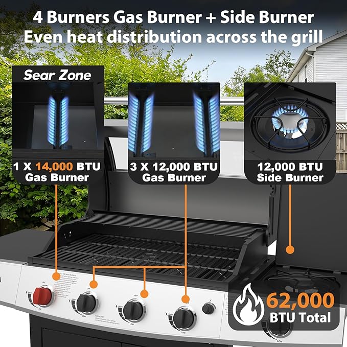 5 Burners Propane Gas Outdoor Grill 62000 BTU, 645 Sq.in, Side Burner, Porcelain-Enameled Grates, Stainless Steel Propane Grill Outdoor Cooking, Patio Garden Family Barbecues Party (5 Burners)