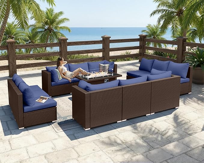 BULEXYARD 13 Piece High Back Wicker Patio Furniture Sets with Fire Pit, Elegant Oversized Outdoor Seating Set Modular, Comfy Extra Deep Wide 12-Person Sectional Couch Sofa for Backyard, Brown & Blue