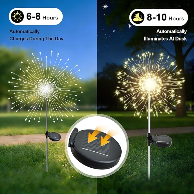 Solar Garden Lights Outdoor, 4 Pack 120 LED Twinkling Firework Lights Decorative with 2 Modes, Outdoor Waterproof Solar Starburst Light for Yard Pathway Planter Patio Decor, Warm White