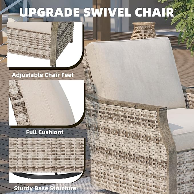 MELLCOM 4 Pieces Outdoor Patio Furniture Set with Swivel Chairs, All Weather Rattan Wicker Patio Conversation Set with 3-Seater Sofa, Coffee Table for Patio, Balcony, Porch, Deck