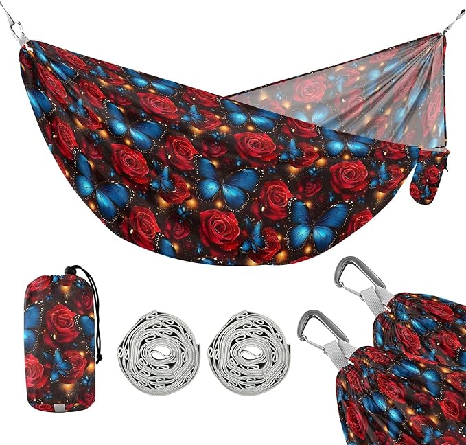 Camping Hammock Outdoor Hammocks for Outside Blue Butterfly Red Rose Beach Trees Portable Lightweight with Pockets Tree Straps Indoor