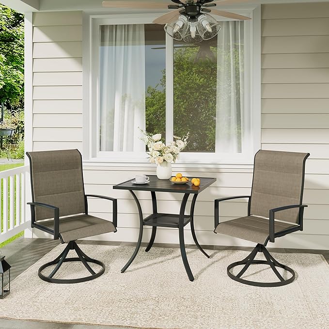 VICLLAX 3 Pieces Outdoor Dining Set, Patio Furniture Set Includes 27.6" Square Metal Table W/ 1.9" Umbrella Hole and 2 Padded Textilene Swivel Chairs for Porch, Lawn, Garden, Backyard