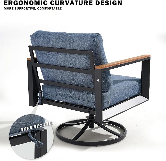Aluminum Outdoor Patio Furniture Set 7 Pieces, 2 Swivel Rocking Chairs, 3-Seater Bench, 2 Ottomans, Coffee Table & Side Table, Patio Sectional Conversation Furniture Set with Thick Cushions