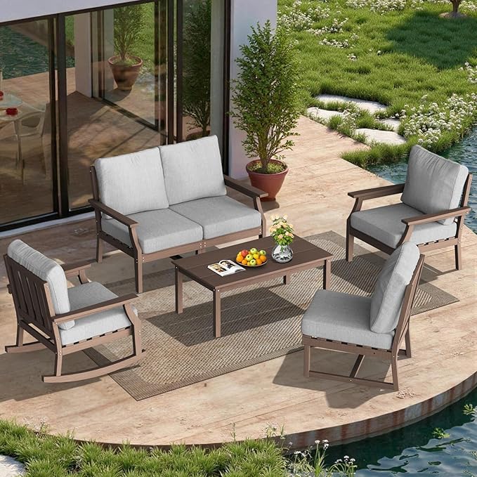 HDPE Patio Conversation Set, 6-Piece All Weather Outdoor Furniture Set with 1 Single Rocking Armchairs for Deck, Lawn, with Cushion, Brown