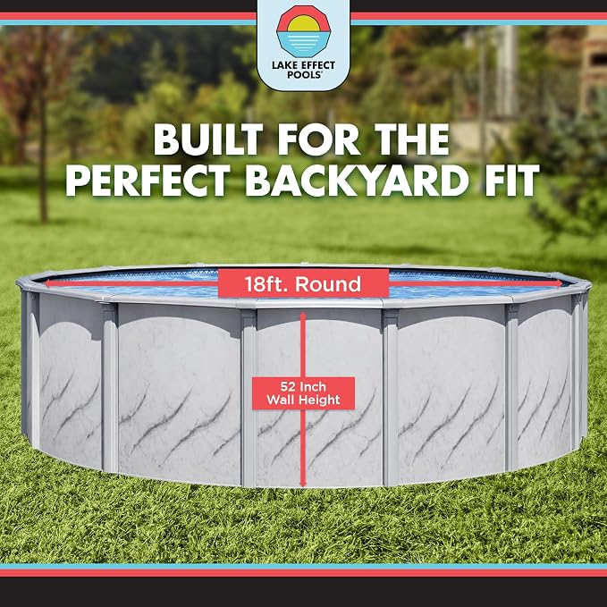 Lake Effect Pools 'Galleria' 18 ft Round Above Ground Swimming Pool | 52 Inch Steel Side Walls | Kit Includes: 25 Gauge Overlap Liner & Widemouth Skimmer