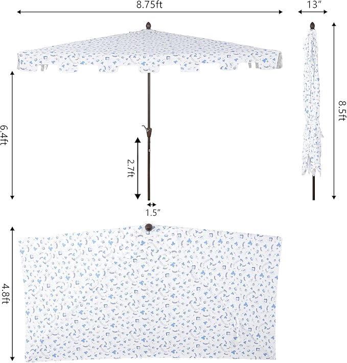 JONATHAN Y Sidney Coastal 9 ft. Blue/White Chinoiserie Half Umbrella for Outdoor Patio, Space-Saving Rectangular Wall Sun Shade with Crank Lift, UV Protection for Balcony, Deck, Dark Brown Pole UMB1200F