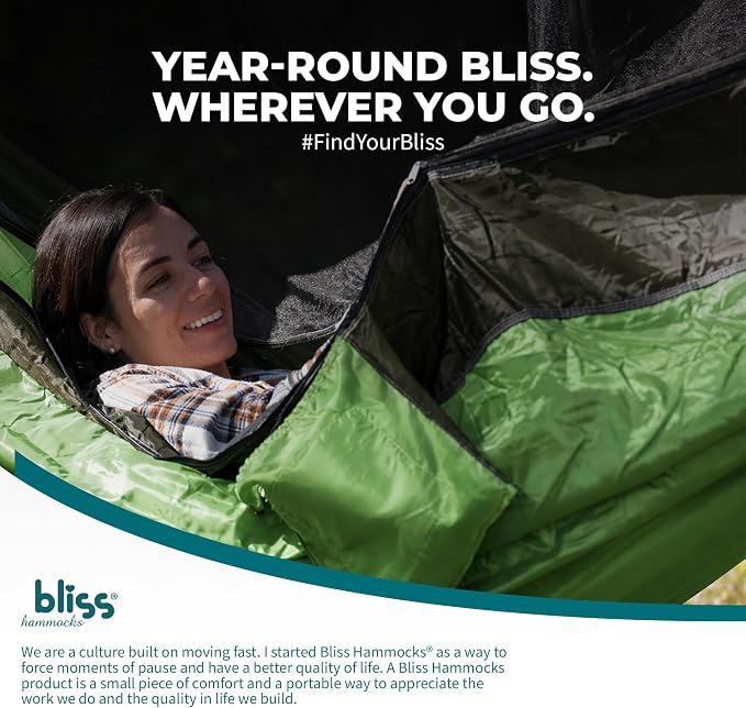 Bliss Hammocks BH-406XLS-N-FG Hammock in a Bag w/ Mosquito Net & Adjustable Tree Straps, 54-in. Wide, Weather & UV Resistant, 350 Lb. Capacity (Forest Green)