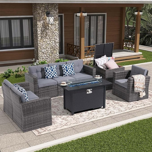 Super Patio 8 Pieces Outdoor Patio Furniture Set with 45” Fire Pit Table, Rattan Patio Conversation Sets with 50000 BTU Gas Fire Pit, Wicker Sectional Sofa Set with Storage Box, Gray (Without Table)