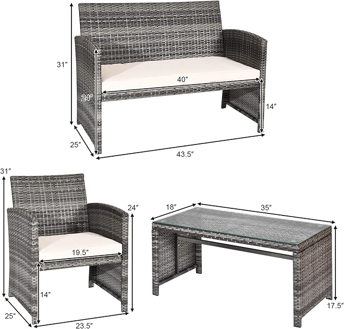 DORTALA 4 Piece Patio Furniture Set, Outdoor Wicker Conversation Set with Soft Cushions & Tempered Glass Coffee Table, Rattan Patio Sofa Bistro Sets for Courtyard Balcony, Beige