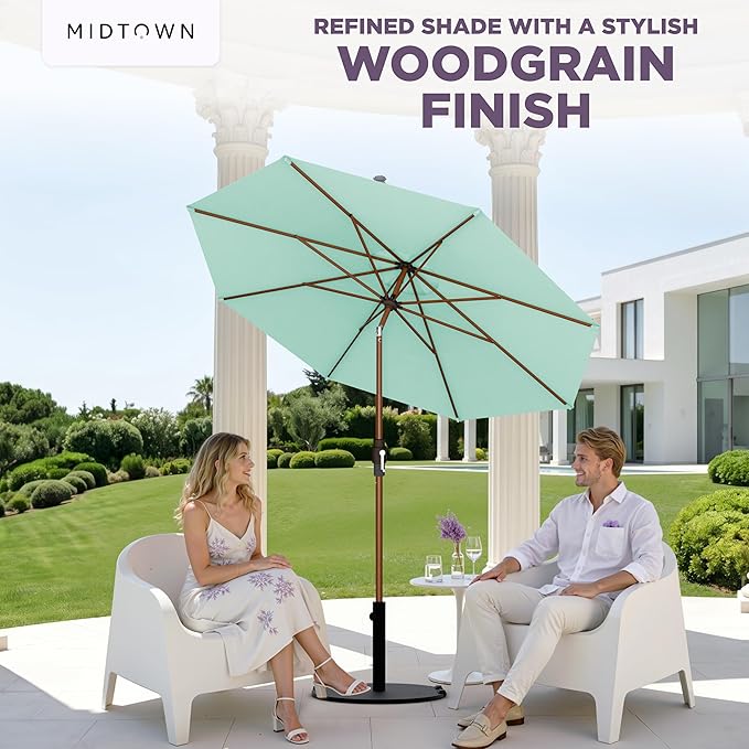 Midtown Umbrellas Wooden 2-8 Ft Patio Umbrella with 360° Swivel & Tilt Mechanism, 8 Fiberglass Ribs & Sunbrella Fabric - Outdoor Umbrella for Deck, Pool & Garden - Burgundy Canopy, Wooden Pole