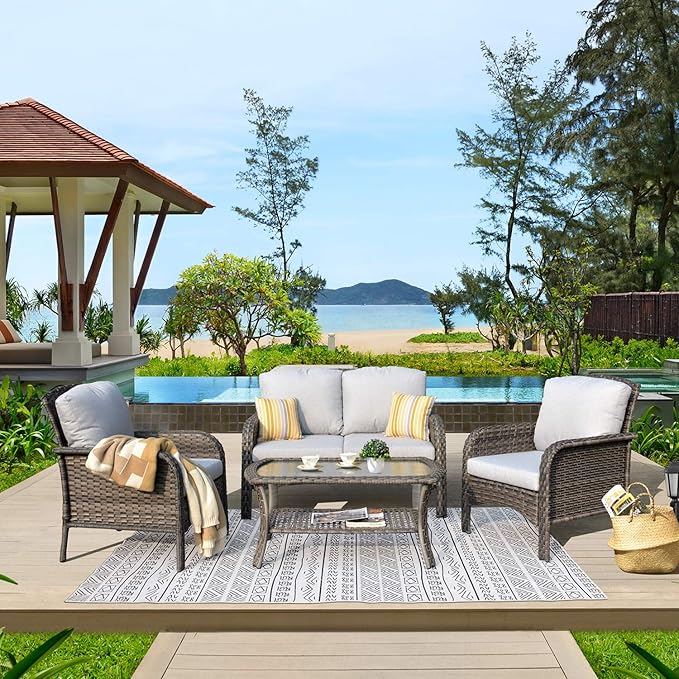 ovios 4-Piece Patio Furniture Set, Outdoor Wicker Sofa with Chairs Coffee Table, High Back Rattan Couch Loveseat with Comfy Cushions for Porch Yard Deck, Grey