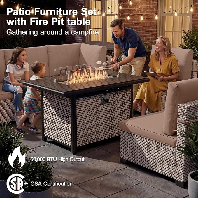 Patio Furniture Set, 11-Piece Outdoor Sectional Sofa with Swivel Rocker Chairs & Fire Pit Table, Wicker Patio Conversation Set with Coffee Table, Khaki Cushions