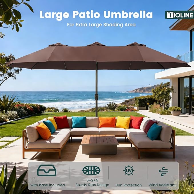 15FT Large Patio Umbrellas with Base Included, Outdoor Double-Sided Rectangle Big Market Umbrella with Stand, Outside Umbrellas for Poolside Lawn Backyard,Brown