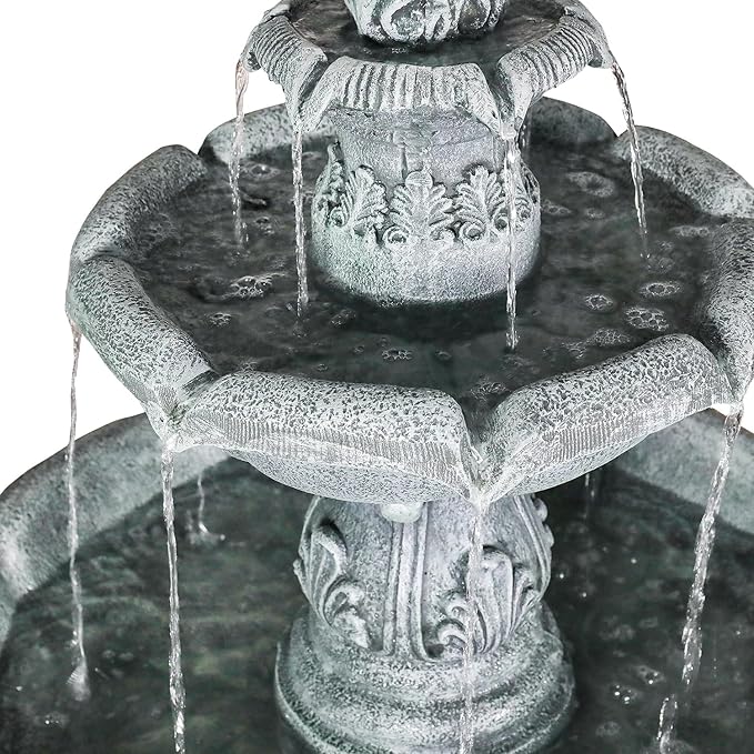 SunJet 48" High 3-Tiers Modern Concrete Outdoor Water Fountain - Round Large Outdoor Fountains and Waterfalls for Garden, Patio, Yard, and Deck Decor, Featuring Natural Stone Look (Grey, 48 inch)