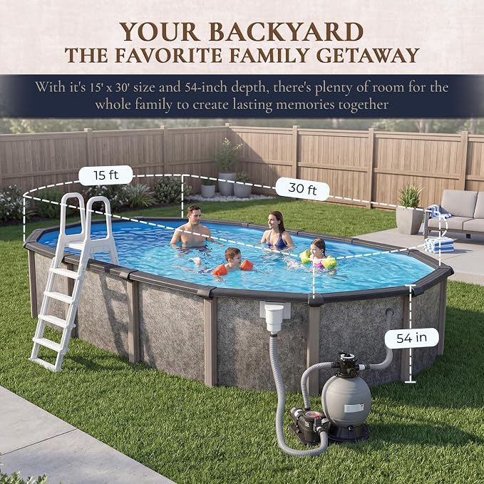 Blue Wave Riviera 15-ft x 30-ft Oval 54-in Deep 8-in Top Rail Metal Wall Swimming Pool Package