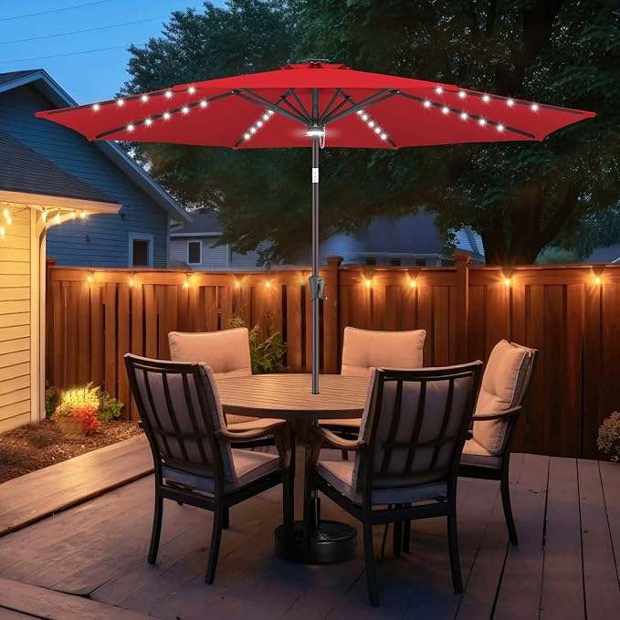 FLAME&SHADE 10 FT Solar Light Patio Umbrella, 40 LED Lights Outdoor Umbrella with Centre Surround Light, Table Market Umbrella for Deck, Pool, Porch, Backyard, Garden, UV Protection, Red