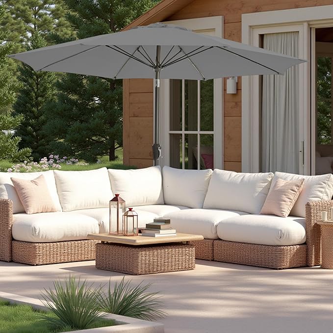 9FT Large Outdoor Patio Umbrella Pool Market Umbrella-UV Resistant, Easy Push Button Tilt and Crank, 8 Sturdy Ribs Heavy-Duty Table Umbrella for Deck, Backyard, Garden(Grey)