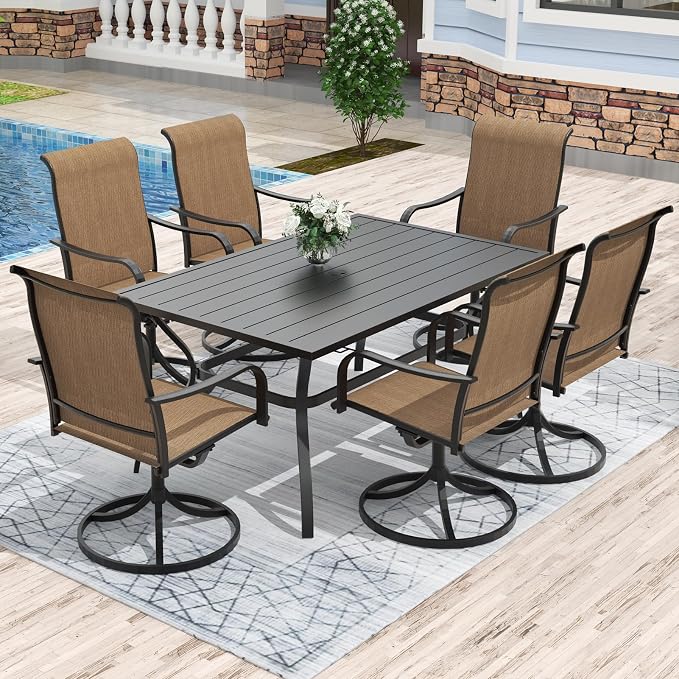 Anmutig 7-Piece Outdoor Patio Dining Set for 6 Patio Dining Swivel Chairs Textilene & 1 Rectangle Outdoor Dining Table with 1.57" Umbrella Hole for Backyard Bistro Garden Brown