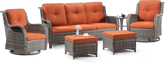 Wicker Patio Furniture Set 6 Piece Set with 1 Three-Seat Sofa, 2 Swivel Glider Chairs, 2 Ottomans and 1 Side Table, Outdoor Furniture Patio Conversation Sets(Mixed Grey/Orange)