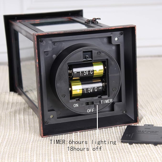 Decorative Lantern with flameless LED Candle Light, Outdoor/Indoor LED Lantern, The Door-Open H16 Decorative Lantern,Timer Candle，Plastic with Bronze Undertones.USE 2C Battery(not Include)