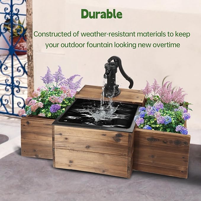 OIPRTGFJ Outdoor Water Fountain,Floor Wooden Rectangular Pump Old-Fashioned Fountain with Flower Box,Electric Decorative Hand Pump, Outdoor Water Feature for Garden Patio Backyard