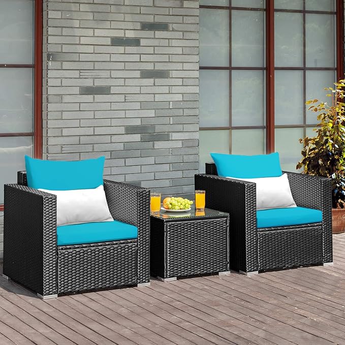 Tangkula 3 Pieces Patio Furniture Set, PE Rattan Wicker Sofa Set w/Washable Cushion Cover and Tempered Glass Tabletop, Outdoor Conversation Furniture for Garden