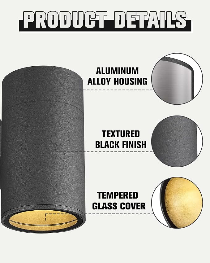 Ken & Ricky Modern Aluminum Outdoor Wall Sconce Lights,Cylinder，Black,1 PK | Downward Outside Wall Light With Glass Cover,No Glare Exterior Lighting Fixtures,For House Front Porch Garage Patio Entryway