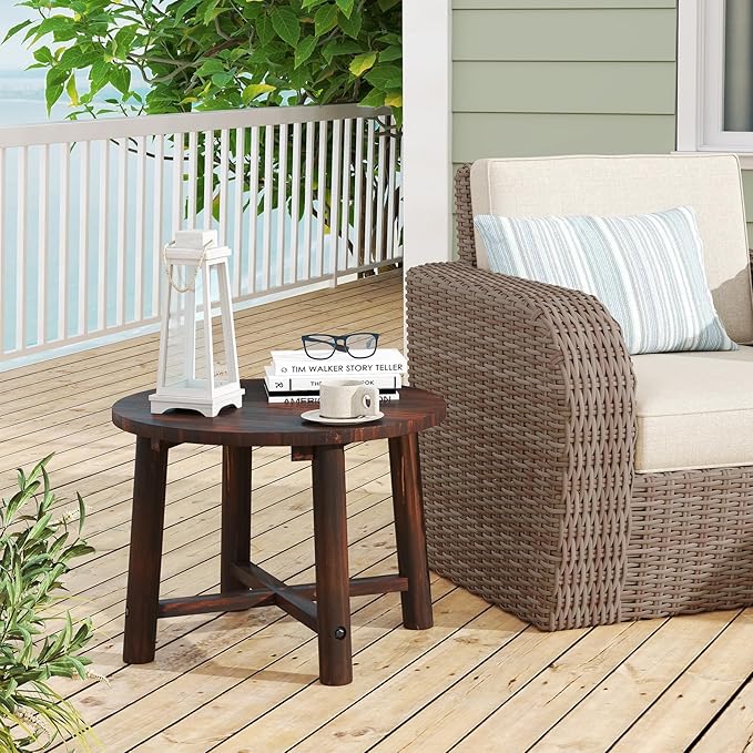 HAPPYGRILL Outdoor Wood Side Table, Round Patio End Table Coffee Table for Garden, Deck, Poolside & Indoor (2)