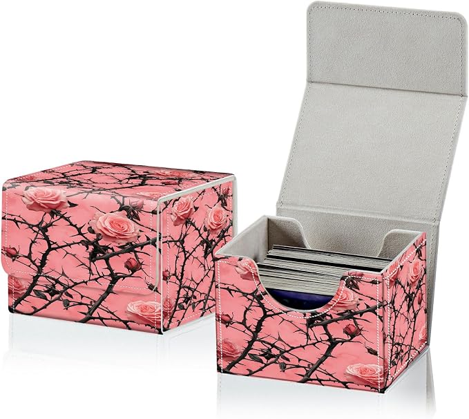 Card Deck Box for MTG, Cards Storage Box Fits 120+ Sleeved, Leather Small Size Strong Magnetic Closing Card Case for Board Games Magic TCG CCG Baseball Collection, Pink Flower Tree