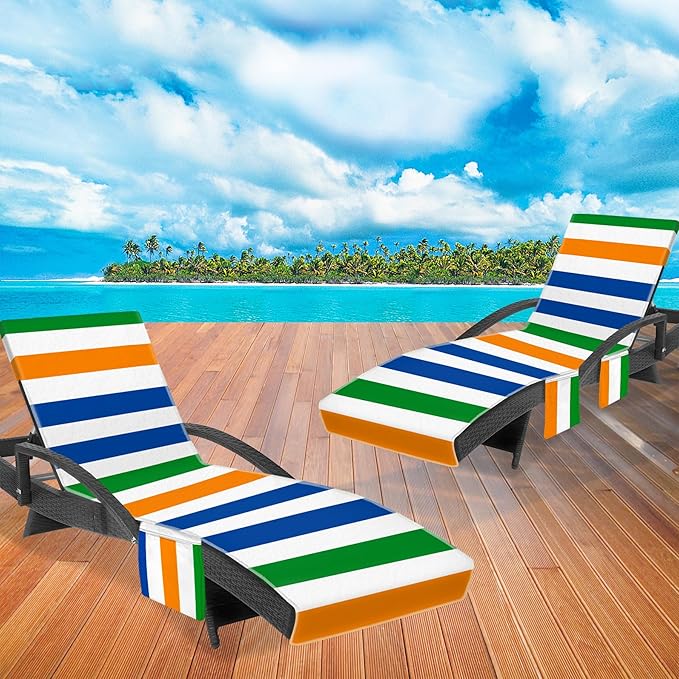 2-Pack Lounge Towel Cover with 3 Pockets, Chaise Durable Horizontal Striped Cover for Pool, Beach, Garden & Outdoor Use, 85x30 Inch, Blue Green Orange Design