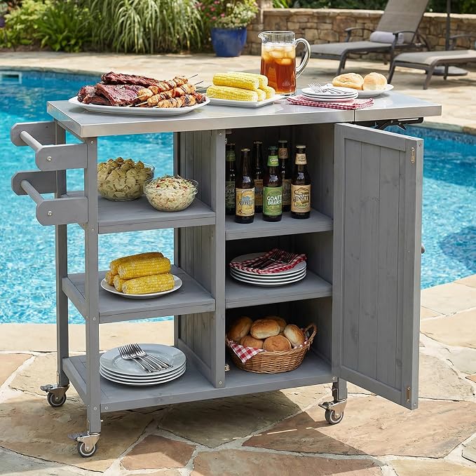 Fold-able Outdoor Storage Box with Stainless Steel Worktop, Fir Wood Patio Storage Cabinet with Lockable Wheels and Towel Rack, 40 Inch Deck Box for Grilling and Garden Tools, Grey