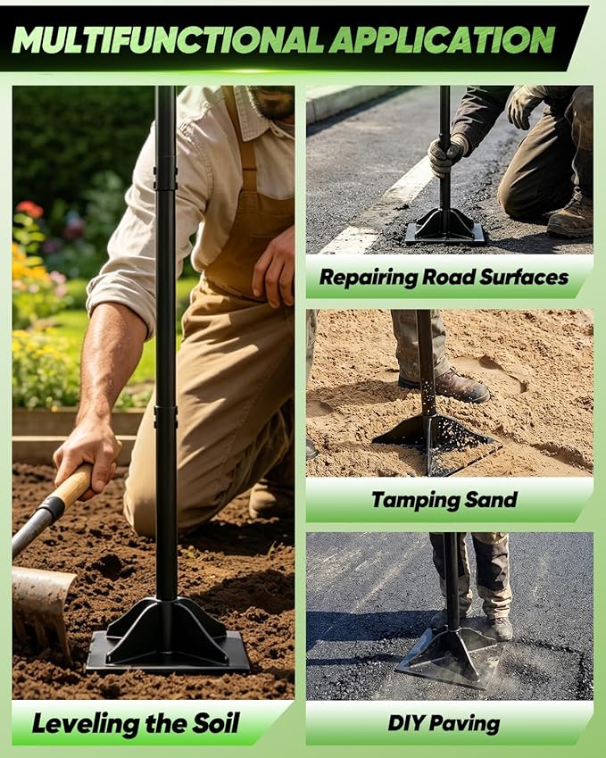 Saker Steel Tamper Heavy Duty Hand Compactor Tool, 10x10 Inch Ground Tamper for Soil, Gravel & Asphalt Compaction, 48 Inch Cushioned Handle for Driveway, Paver, Yard & Blacktop Repair