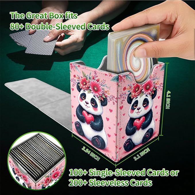 Pink Panda Card Deck Box for MTG, Personalized Card Storage Case Fits 120+ Sleeved Cards, Premium Leather TCG Box with Strong Magnetic Closure for Magic, CCG, PTCG, Baseball Cards