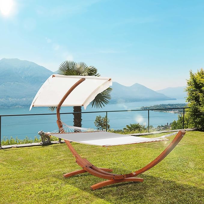 Outsunny 13FT Wooden Arc Hammock with Canopy, Outdoor Hammock Bed with Wood Arc Stand for Patio Balcony Garden Backyard, White