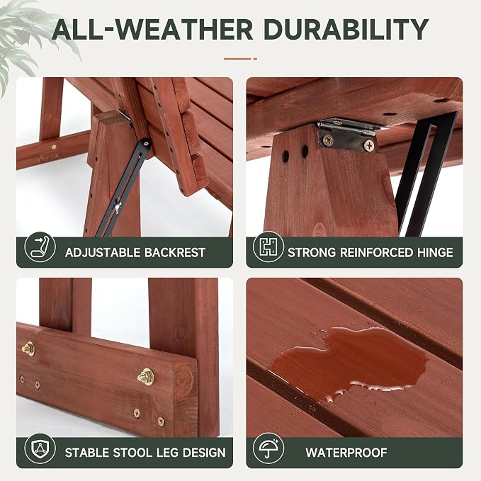 2-in-1 Convertible Bench Picnic Table - Outdoor Folding Dining Set w/Backrest & Umbrella Hole. Solid Wood, Waterproof & UV-Resistant - Ideal for Backyard, Patio, Garden & Parkway