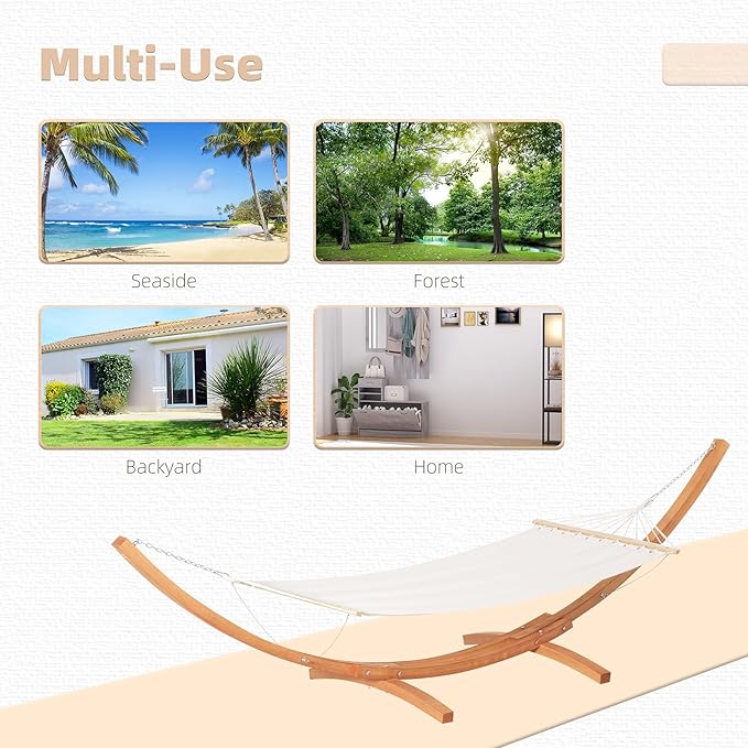 Outdoor Hammock with Stand, Heavy Duty Wood Hammock Stand, 13FT Free Standing Hammock with Breathable Cotton Bed & Spreader Bars, 330lbs Sturdy Backyard Hammock with Stand for Outside, White