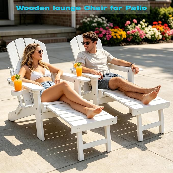 Outdoor Foldable Adirondack Chair with footrest,Patio Recliner,3-Level Adjustable Backrest,Hidden Ottoman,Ergonomic Design,Ideal for Patio,Camping, Pool Use.(White)