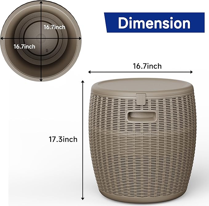 Outdoor Cooler Side Table, 9.5 Gallon Weather-Resistant Portable Ptio Cooler Table, Resin Rattan Round Cool Bar with Lid for Patio, Decor, Pool, Party (Gray)