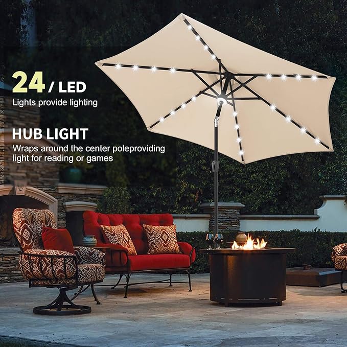 10FT Solar Patio Umbrella - Outdoor Umbrella with Centre Surround Light 24 LED Lights, Market Table Umbrella with Tilt for Pool, Porch, Garden, Deck, Backyard UV Protection (Beige)
