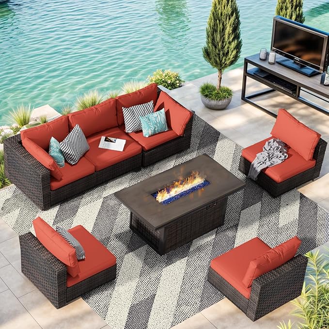 Grezone 7 Piece Patio Furniture Set with 44" Fire Pit Table, Outdoor Sectional Couch, PE Rattan Patio Conversation Sets with 4inch Cushions for Backyard Red