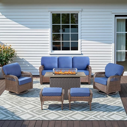Patio Furniture Set with Fire Pit Table - 6 Pieces All-Weather Wicker Outdoor Furniture with High Back Swivel Chairs Set of 2 Outdoor Couch for Deck Balcony Backyard Blue