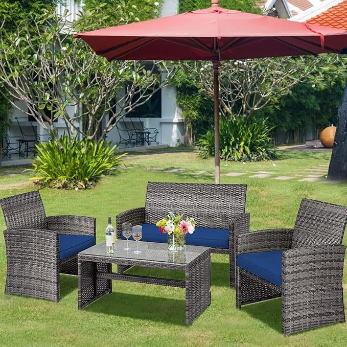 Outdoor Conversation Set, 4 Pieces Wicker Patio Furniture Set with Ergonomic Curved Design, Patio Chair Set with Water-resistant Cushion & Tempered Glass Table for Balcony,Porch(Navy Blue)