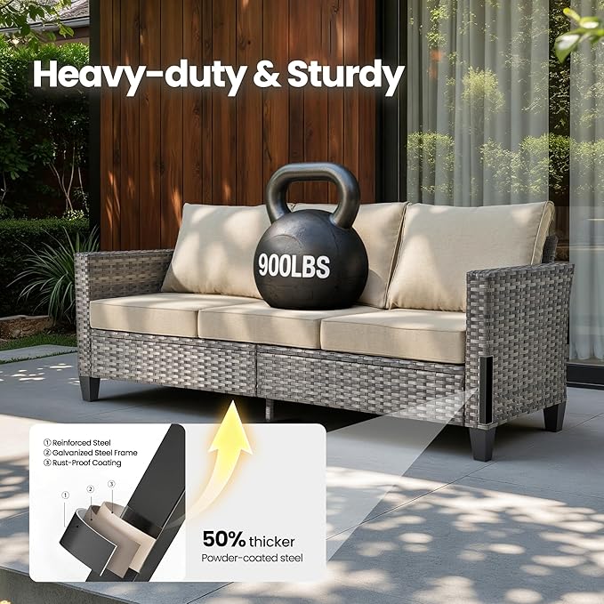 8 Piece Wicker Patio Furniture Set with Solar Table, Beige | Outdoor Deep Seating Sofa Chair Ottoman, Solar Lights Table, All Weather Rattan, Modern Conversation Set, Porch Deck Backyard