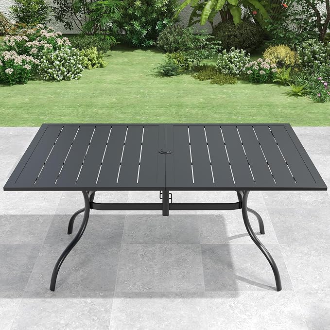 Patio Dining Table for 6,Large Rectangle Outdoor Table with Adjustable Umbrella Hole,63" x 38",Black