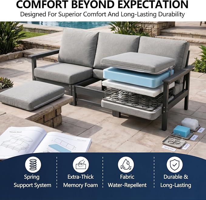 Outdoor Patio Furniture Set, Modular HDPE Conversation Set with 3-Seater Sofa, Loveseat, Armchairs & Large Coffee Table, All-Weather Patio Seating with Cushions
