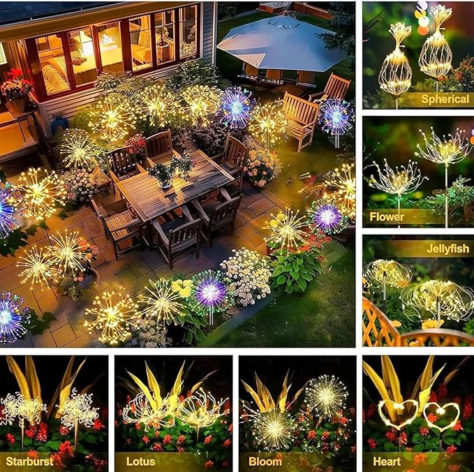 Solar Garden Lights Outdoor，2 Pack 120 LED Solar Fireworks Lights Outdoor Waterproof，8 Modes Starlit Starburst Light DIY for Yard Patio Pathway Planter Party Wedding Flowerbed Decor