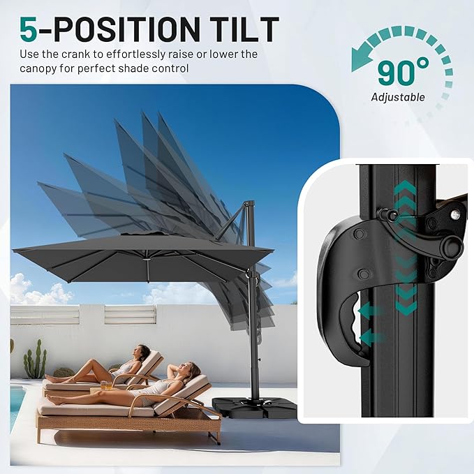 AreShark 8 X 8 FT Cantilever Patio Umbrella, 360-Degree Rotation Round Hanging Offset Umbrella with Crank, Heavy Duty Patio Umbrella for Patio, Pool, Garden, Deck, Grey